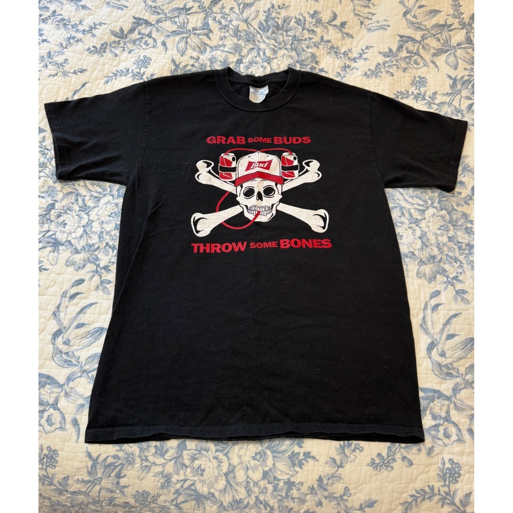 Budweiser Beer Skull Crossbones T-Shirt Black Port and Company Mens Medium